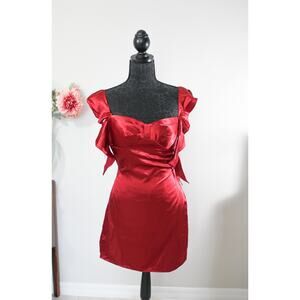 NWT Warm Notices Red Satin Mini Dress Puff Ruffle Sleeves Bow Tie Size 0